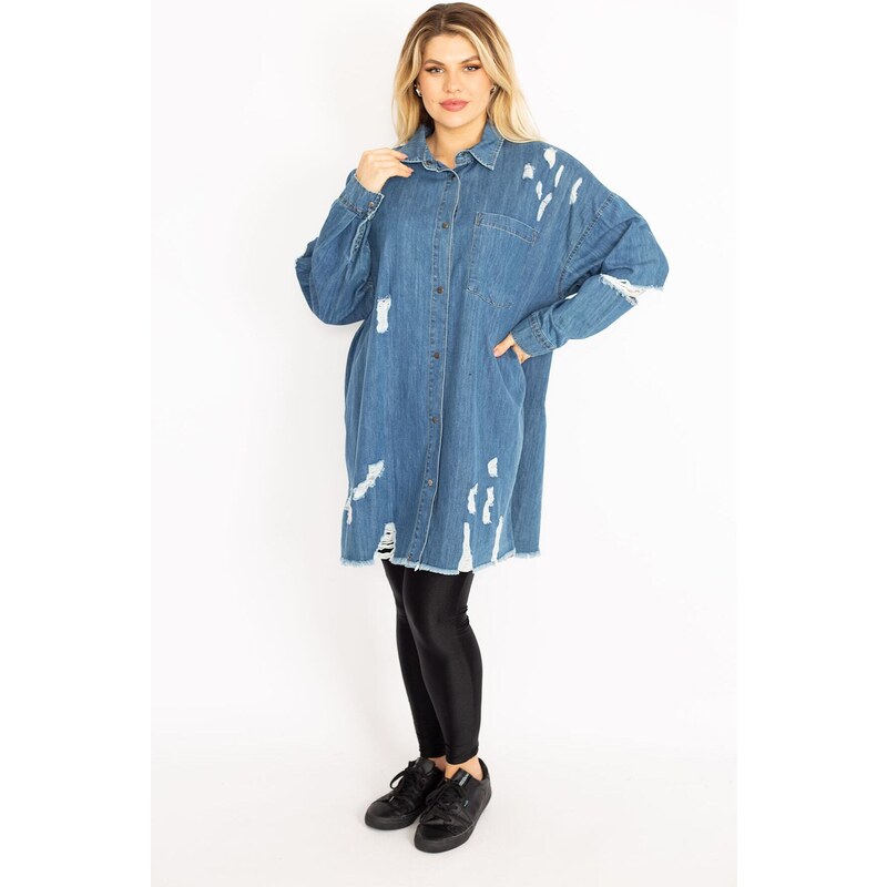 Şans Women's Plus Size Blue Ripped Detailed Loose Cut Oversized Denim Tunic Jacket