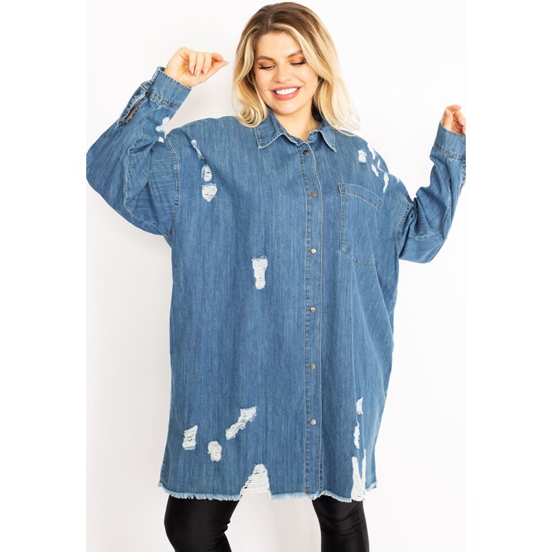 Şans Women's Plus Size Blue Ripped Detailed Loose Cut Oversized Denim Tunic Jacket