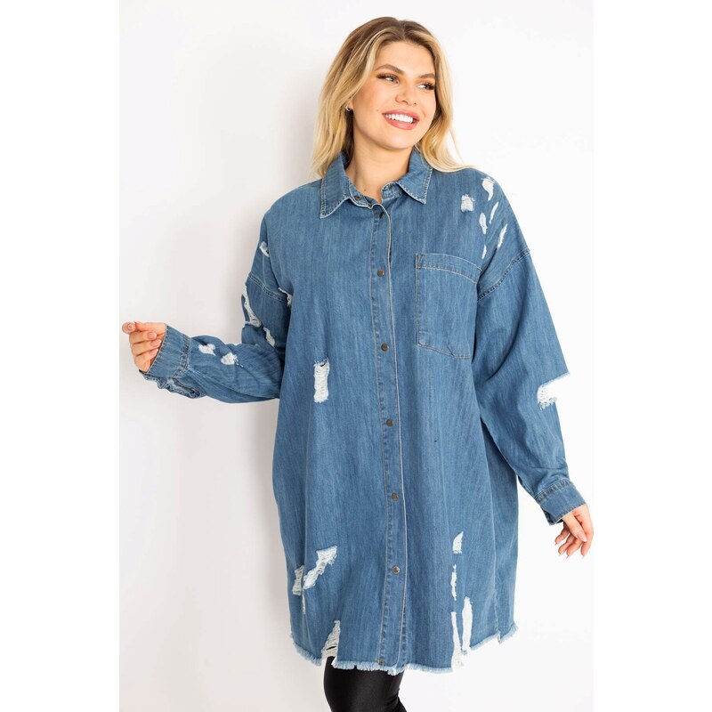 Şans Women's Plus Size Blue Ripped Detailed Loose Cut Oversized Denim Tunic Jacket