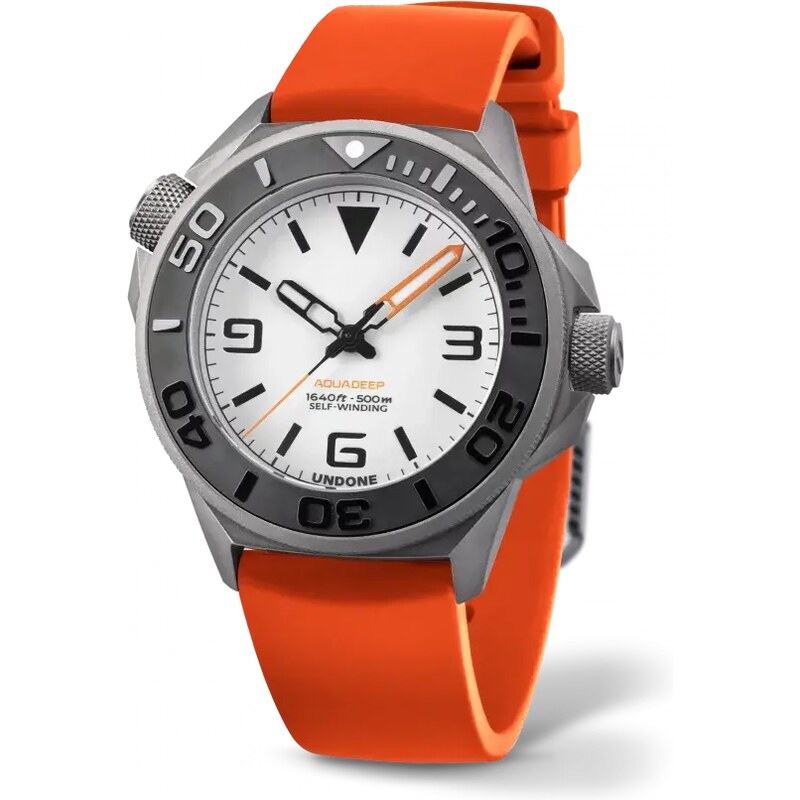 Undone Watches Stříbrné pánské hodinky Undone s gumovým páskem AquaLume Orange 43MM Automatic