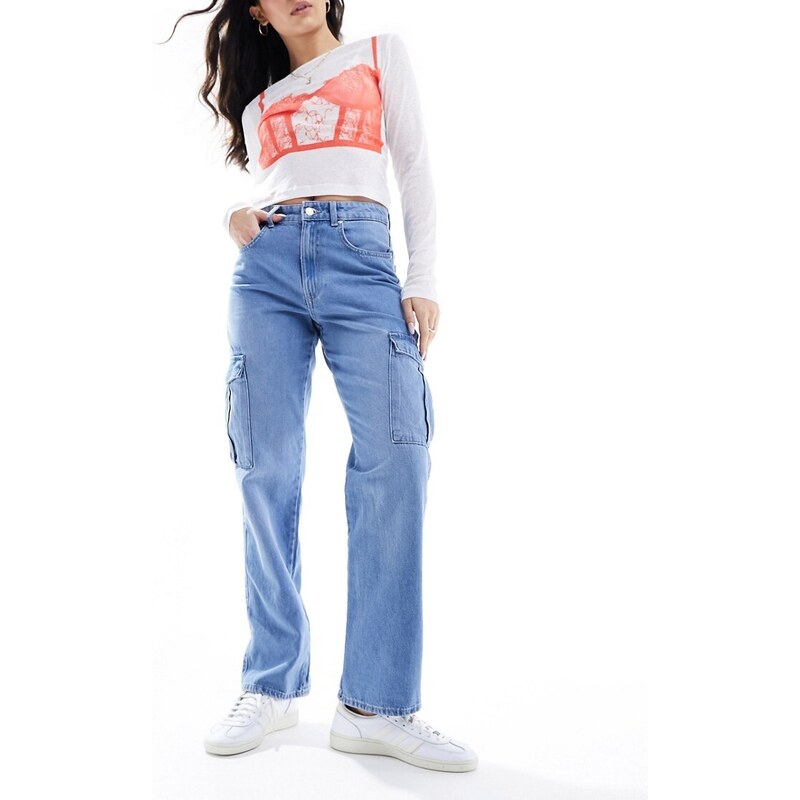 ONLY Riley high waisted straight cargo jeans in light blue wash 90010150