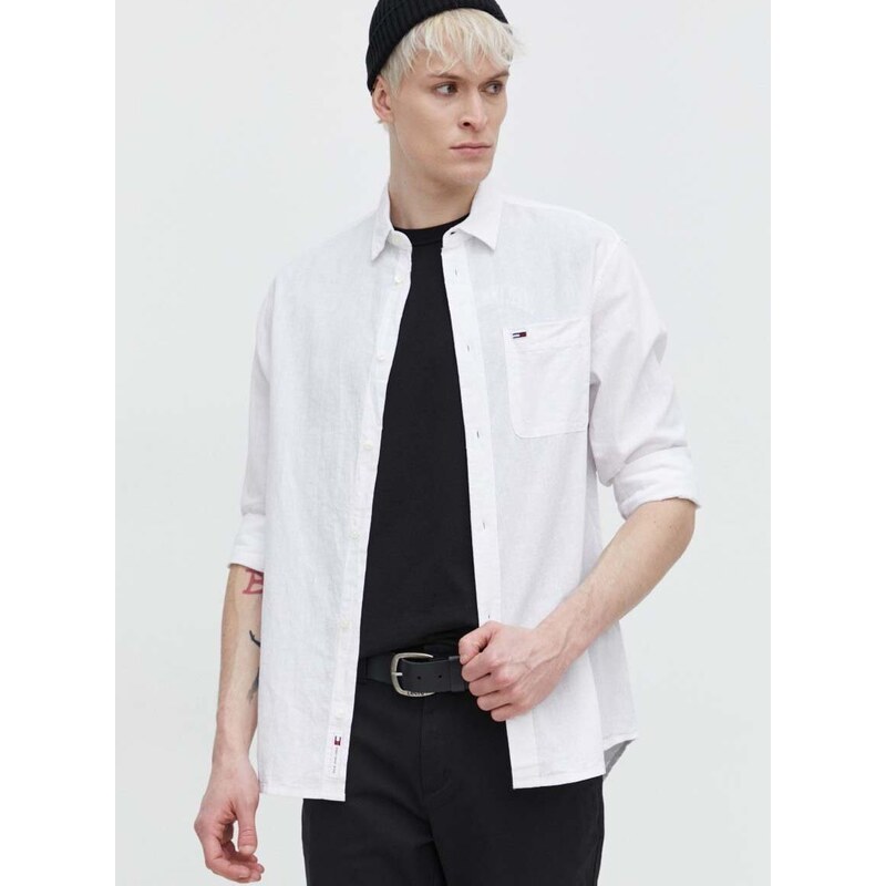 Košile s příměsí lnu Tommy Jeans bílá barva, regular, s klasickým límcem