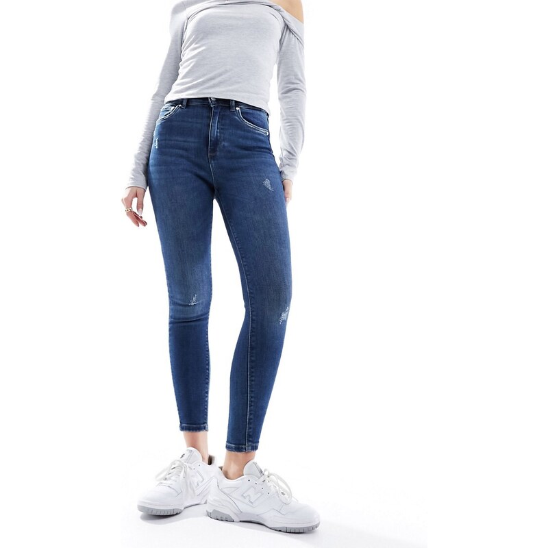 ONLY high waist ankle length skinny jeans in dark blue denim