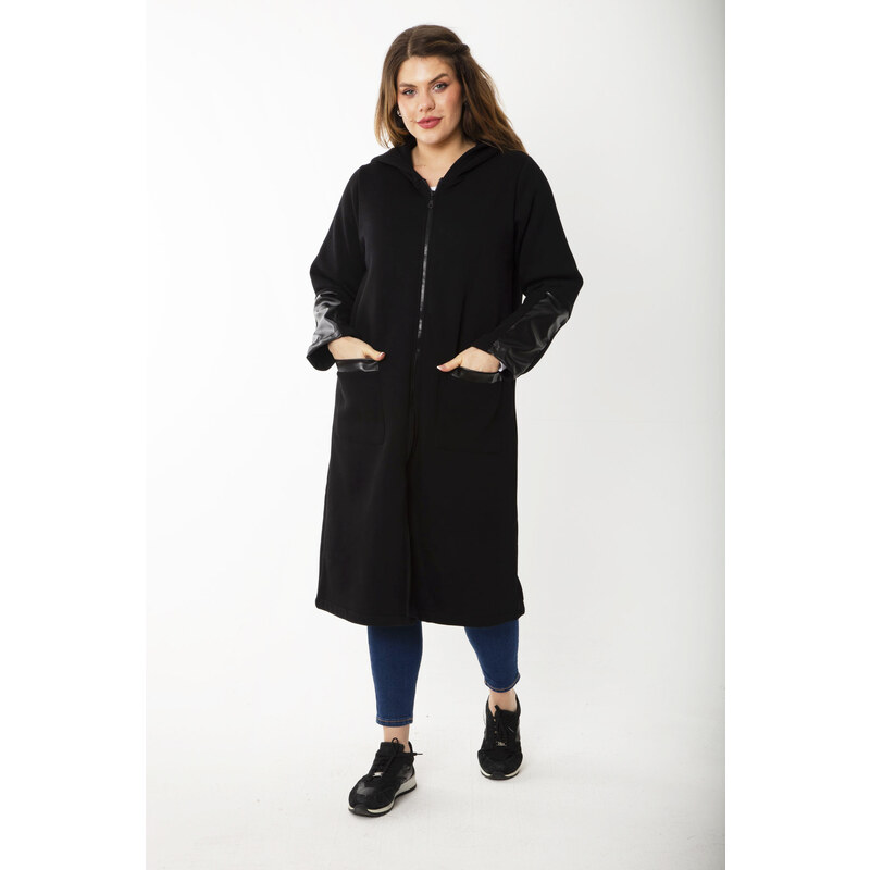 Şans Women's Plus Size Black Front Zippered Hooded Unlined Faux Leather Garnish Coat