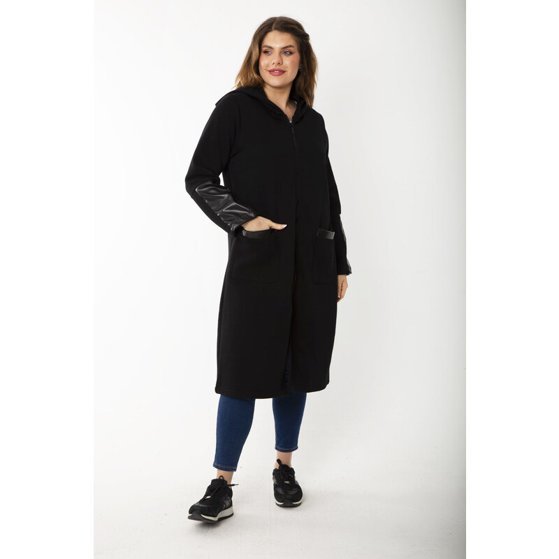 Şans Women's Plus Size Black Front Zippered Hooded Unlined Faux Leather Garnish Coat