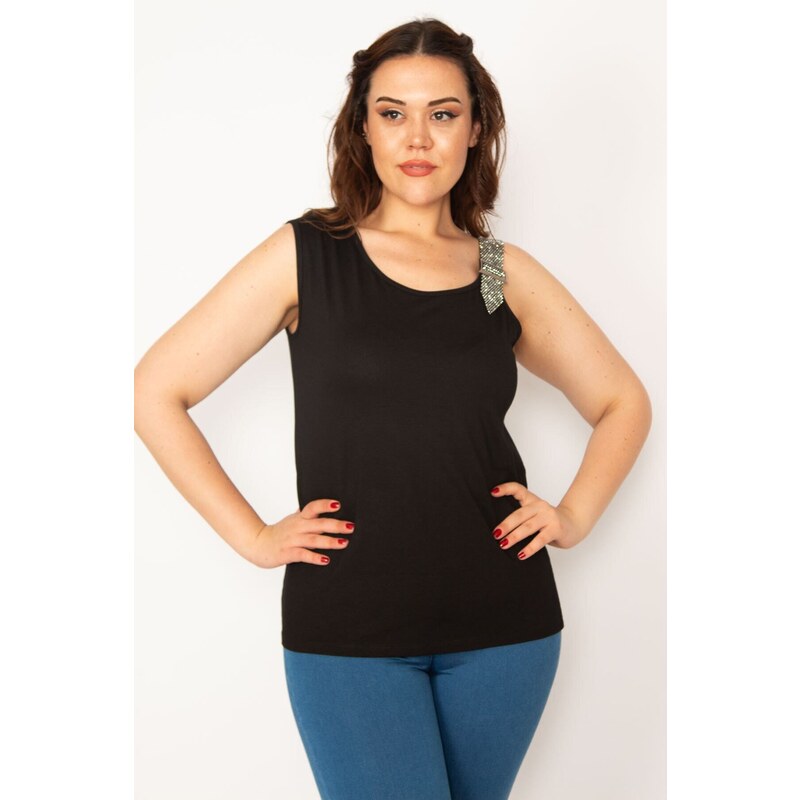 Şans Women's Plus Size Viscose Blouse with Black Straps and Stone Detail