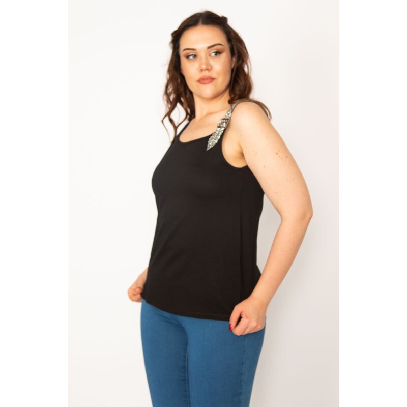 Şans Women's Plus Size Viscose Blouse with Black Straps and Stone Detail