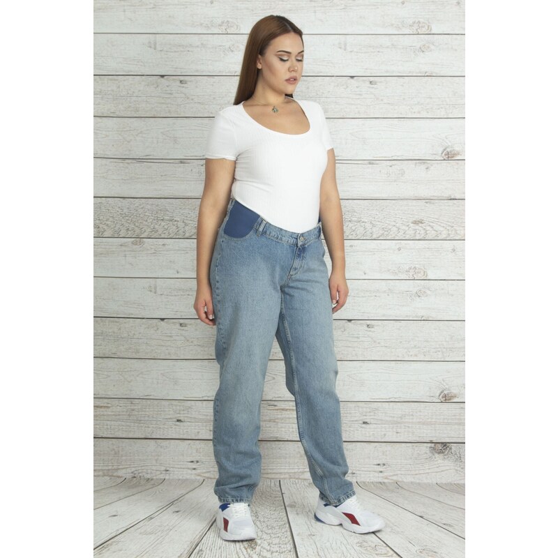 Şans Women's Plus Size Blue Denim Pants With Elastic Waist Detail