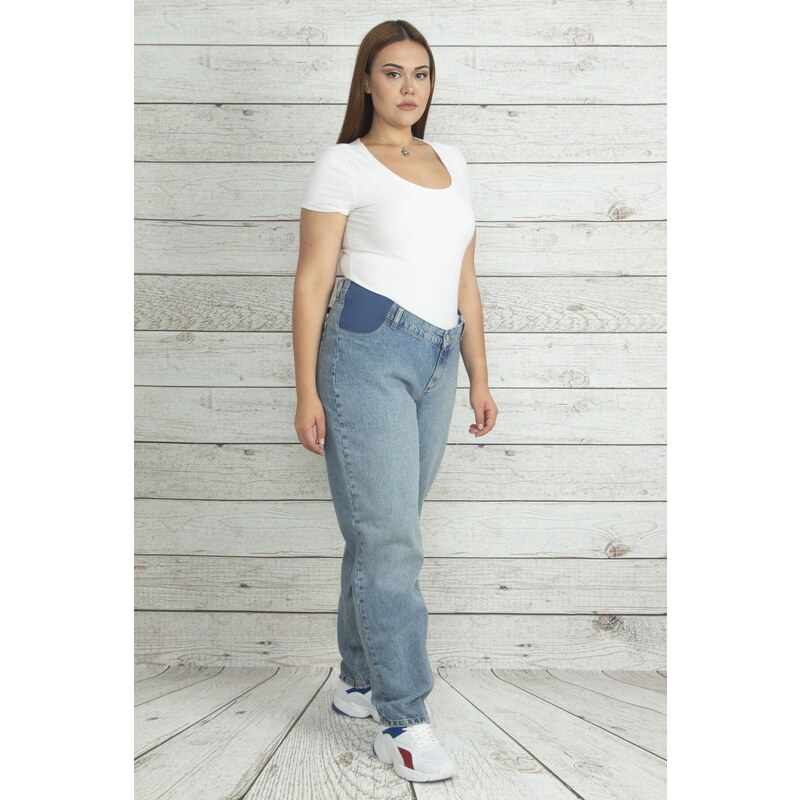 Şans Women's Plus Size Blue Denim Pants With Elastic Waist Detail