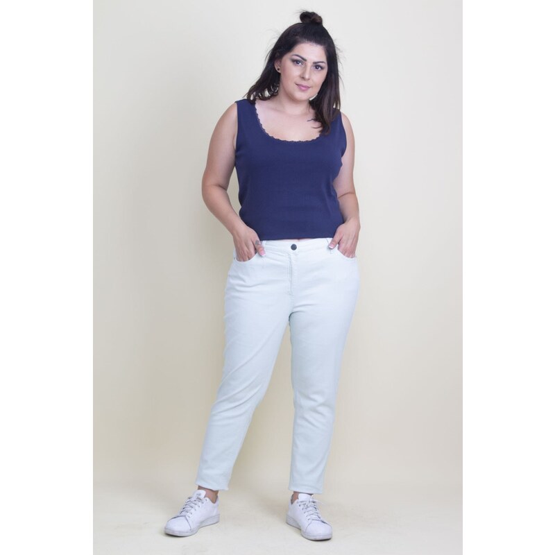 Şans Women's Plus Size Light Green 5 Pockets Jeans with Half Elastic Waist.