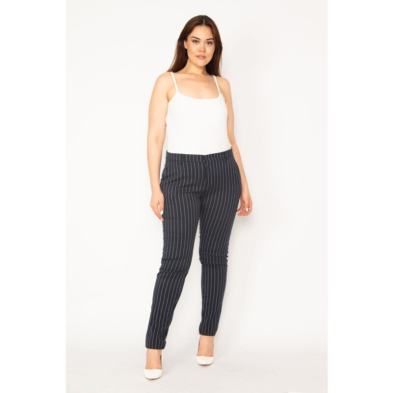 Şans Women's Plus Size Navy Blue Striped Side And Back Fleto Pocket Classic Trousers