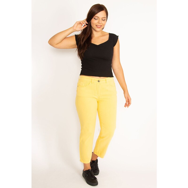 Şans Women's Plus Size Yellow 5 Pockets Jeans Trousers