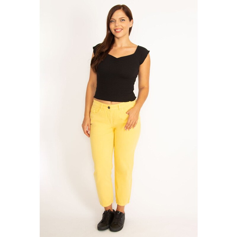 Şans Women's Plus Size Yellow 5 Pockets Jeans Trousers