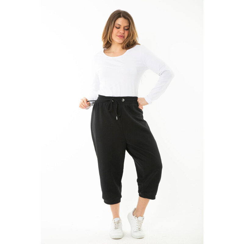 Şans Women's Plus Size Black Waist Eyelets Lace-Up And Elastic Tracksuit Bottom Capri