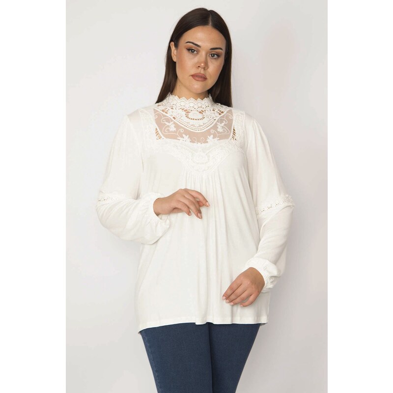 Şans Women's Plus Size Blouse With Bone Lace And Tulle Detail