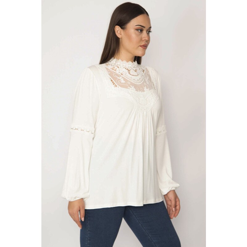 Şans Women's Plus Size Blouse With Bone Lace And Tulle Detail