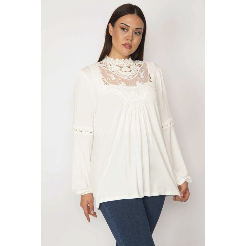 Şans Women's Plus Size Blouse With Bone Lace And Tulle Detail