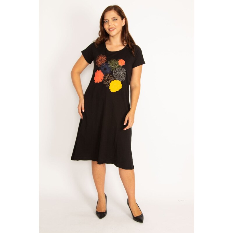 Şans Women's Plus Size Black Viscose Dress With Embroidery