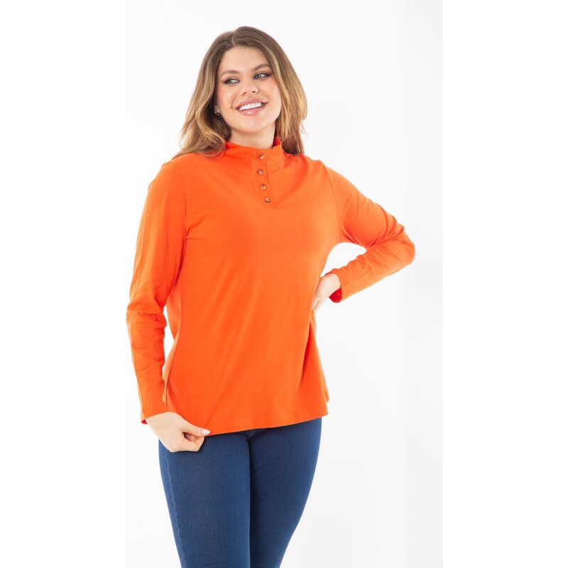 Şans Women's Plus Size Orange Cotton Fabric Front Pat Buttoned Long Sleeve Blouse