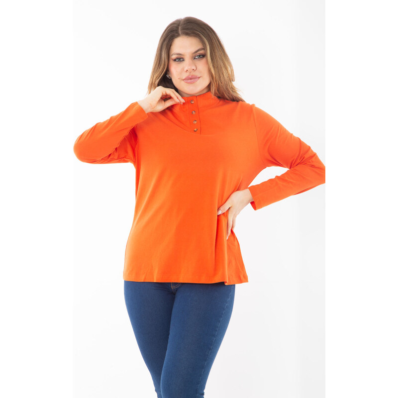 Şans Women's Plus Size Orange Cotton Fabric Front Pat Buttoned Long Sleeve Blouse