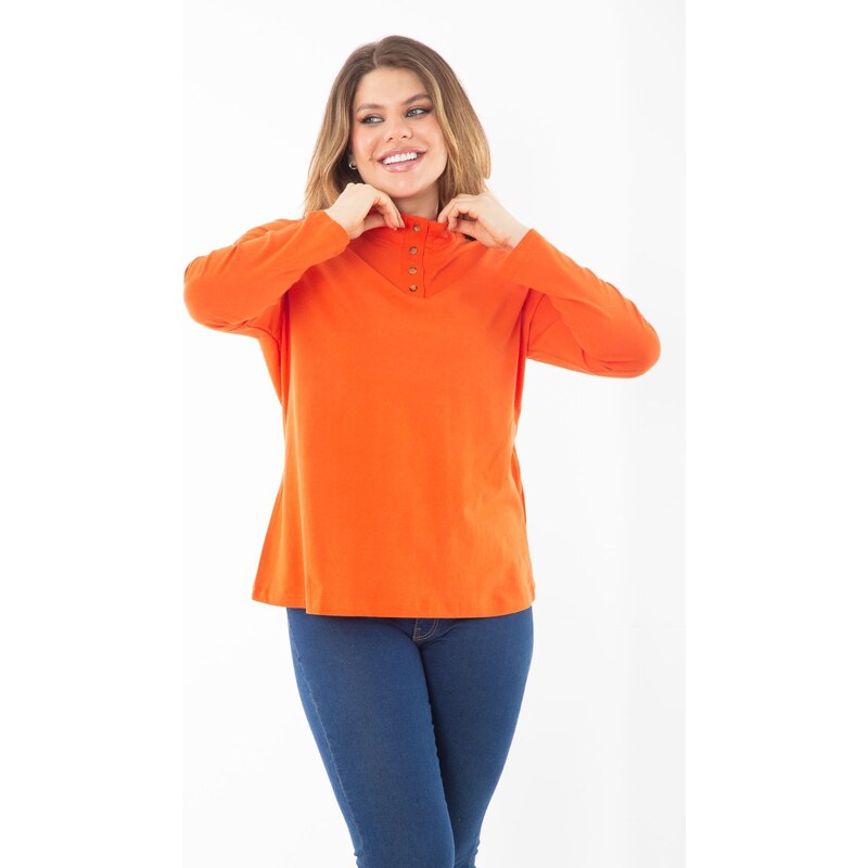 Şans Women's Plus Size Orange Cotton Fabric Front Pat Buttoned Long Sleeve Blouse