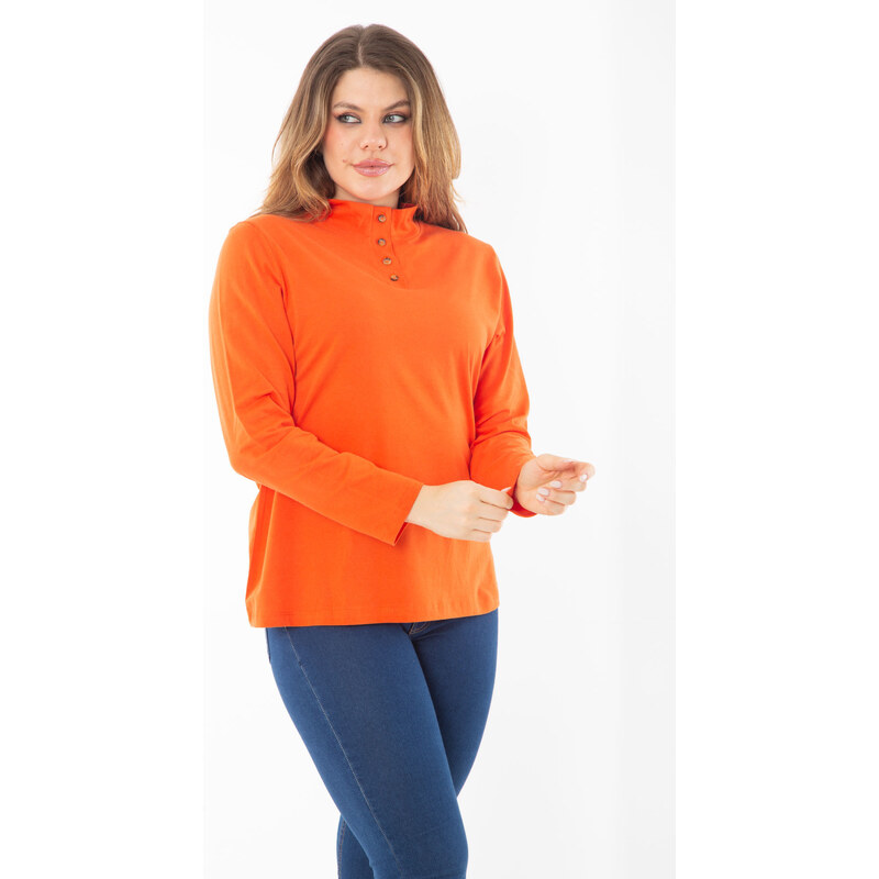 Şans Women's Plus Size Orange Cotton Fabric Front Pat Buttoned Long Sleeve Blouse