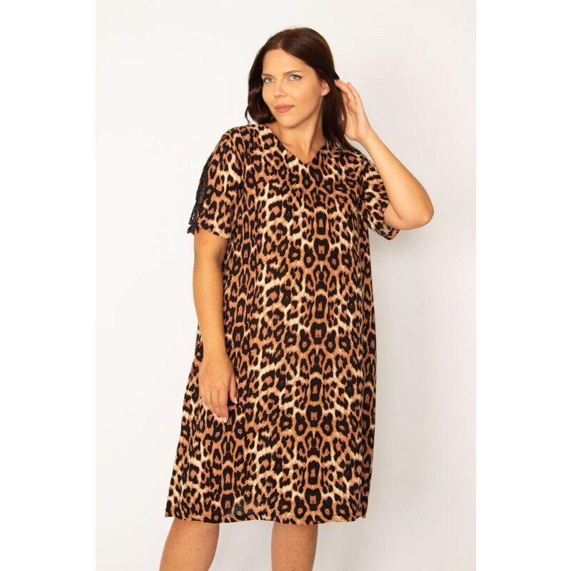 Şans Women's Plus Size Leopard Lace Detailed V-Neck Leopard Patterned Dress