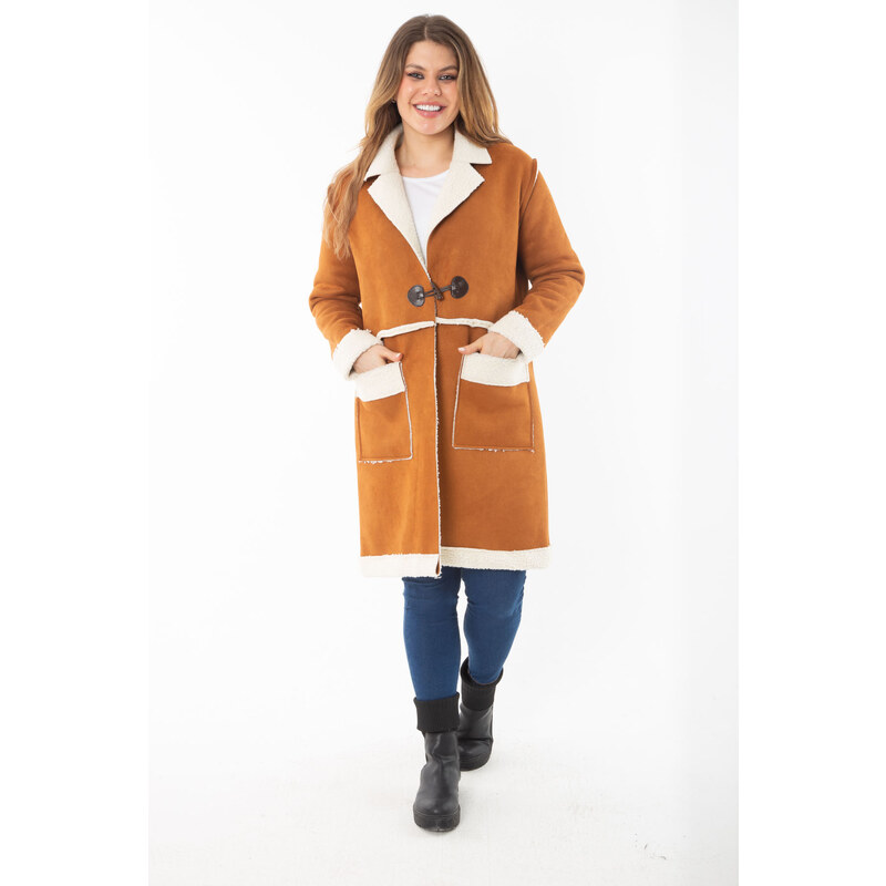 Şans Women's Plus Size Camel Shepherd Button Nubuck Coat