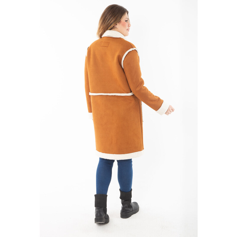 Şans Women's Plus Size Camel Shepherd Button Nubuck Coat