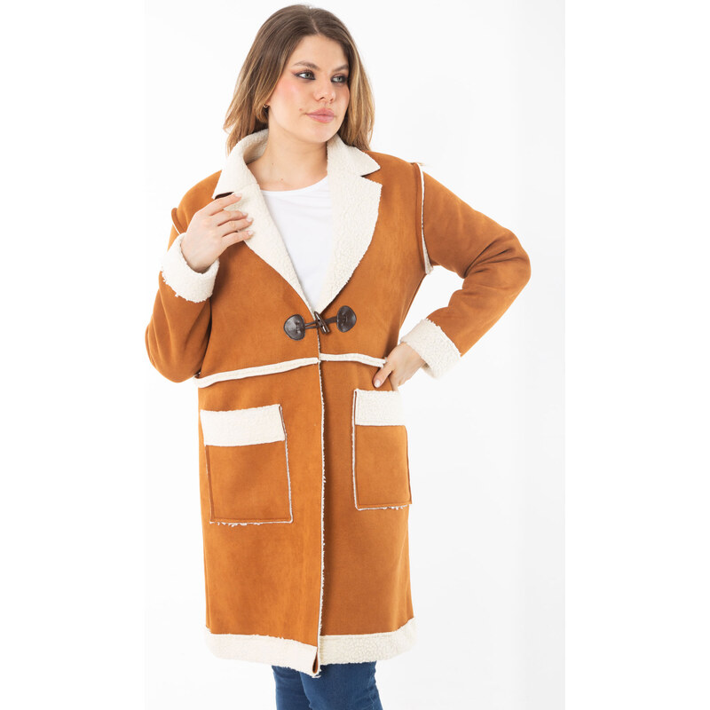 Şans Women's Plus Size Camel Shepherd Button Nubuck Coat