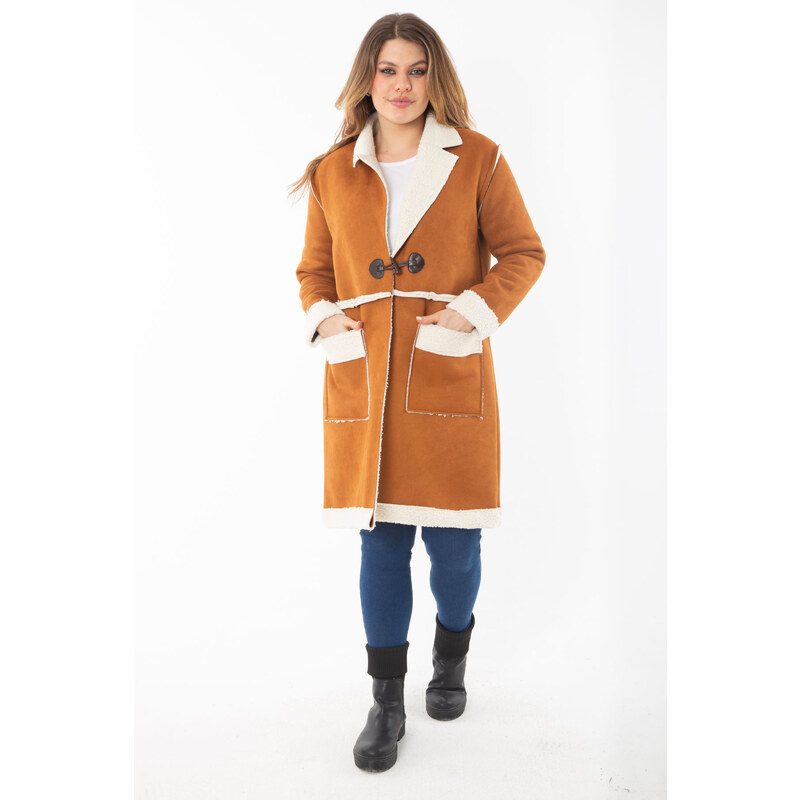 Şans Women's Plus Size Camel Shepherd Button Nubuck Coat