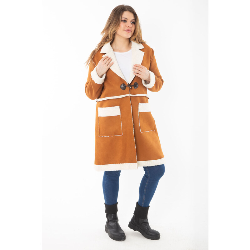 Şans Women's Plus Size Camel Shepherd Button Nubuck Coat