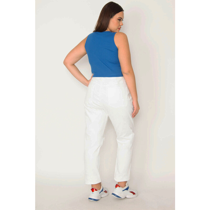 Şans Women's Plus Size White Ripped Detailed No Lycra Jeans