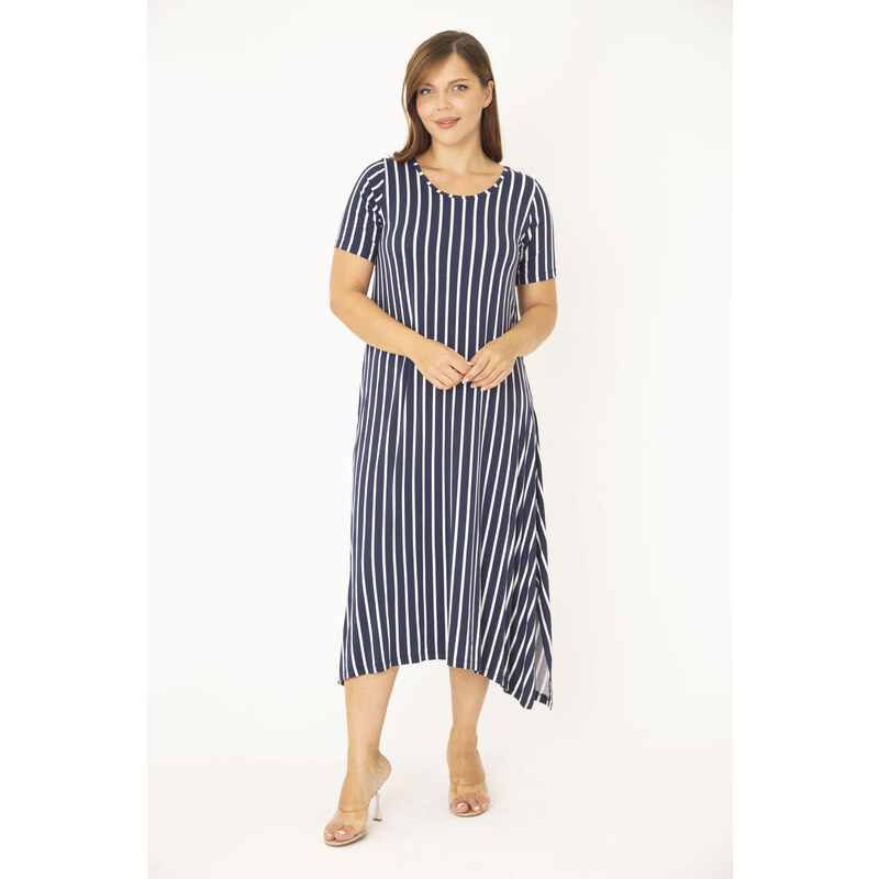 Şans Women's Plus Size Navy Blue Striped Short Sleeve Dress