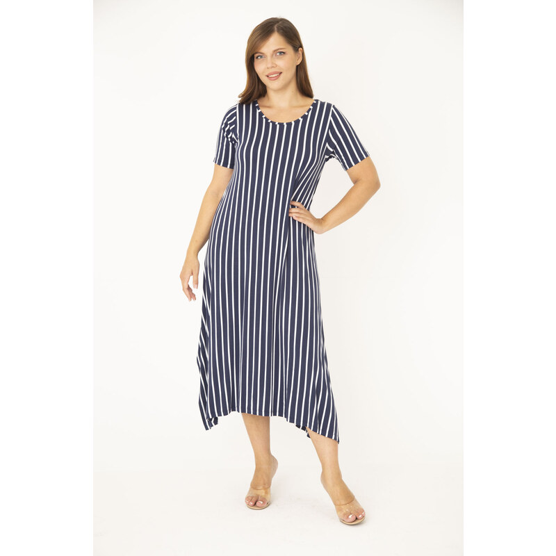 Şans Women's Plus Size Navy Blue Striped Short Sleeve Dress