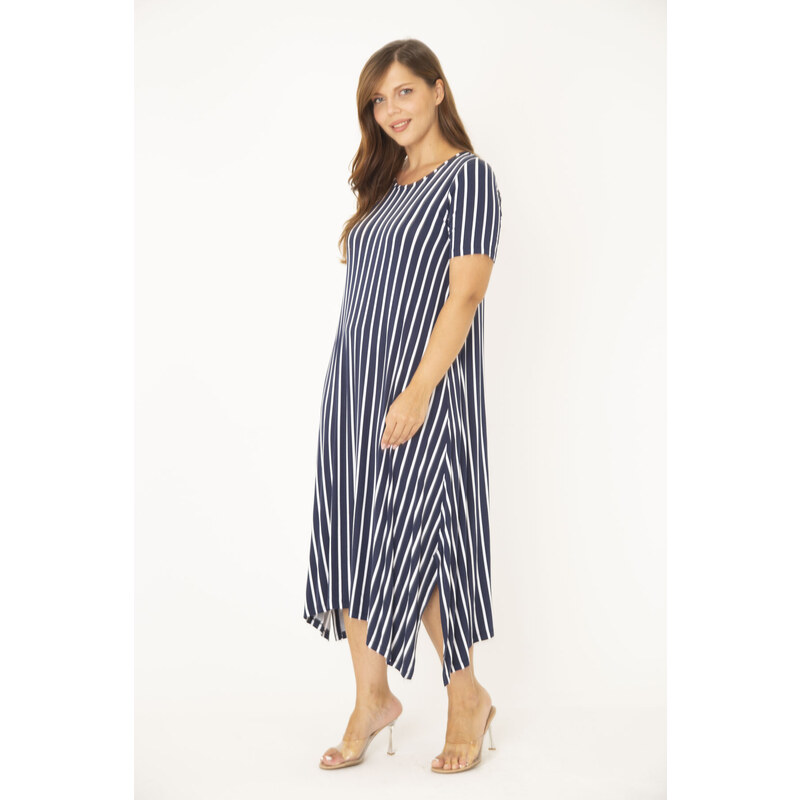 Şans Women's Plus Size Navy Blue Striped Short Sleeve Dress