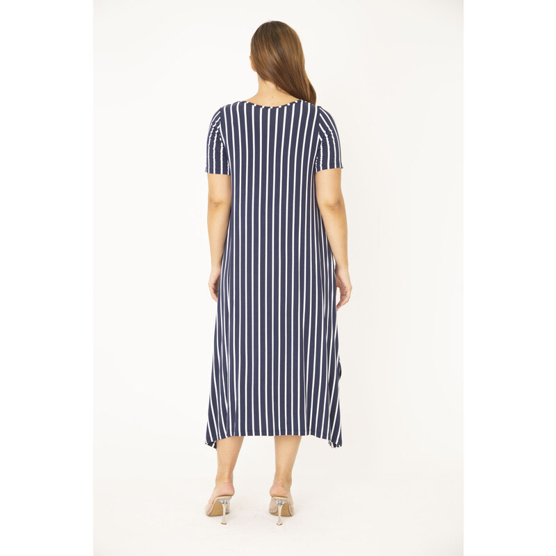 Şans Women's Plus Size Navy Blue Striped Short Sleeve Dress