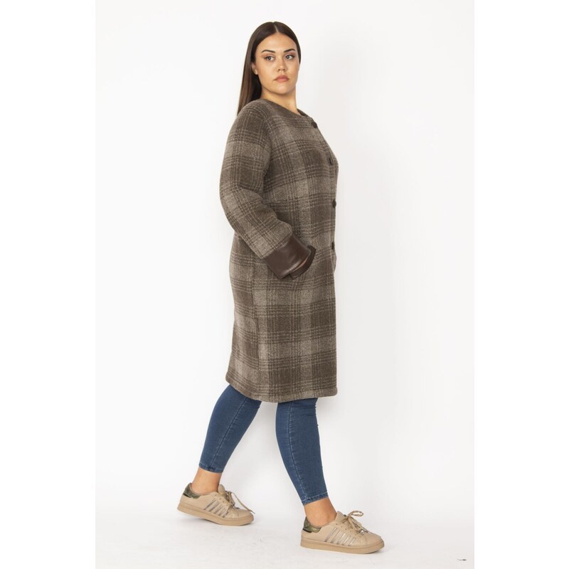 Şans Women's Milk and Coffee Checkered Printed Buttoned Faux Leather Coat with Garnish, Unlined and Stamped