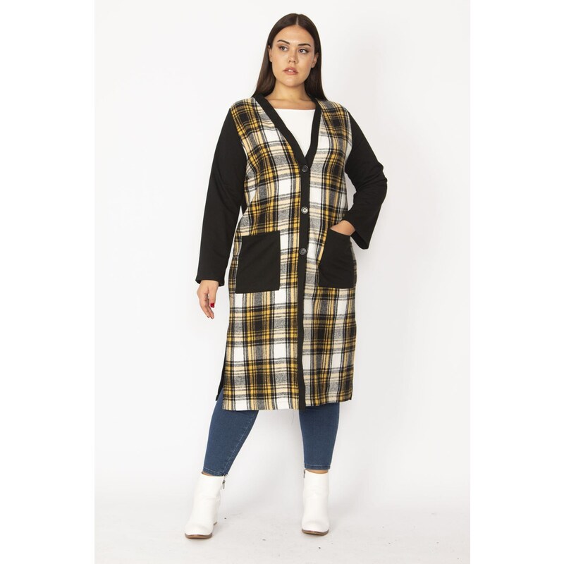 Şans Women's Plus Size Yellow Plaid Patterned Front Button And Pocket Cape