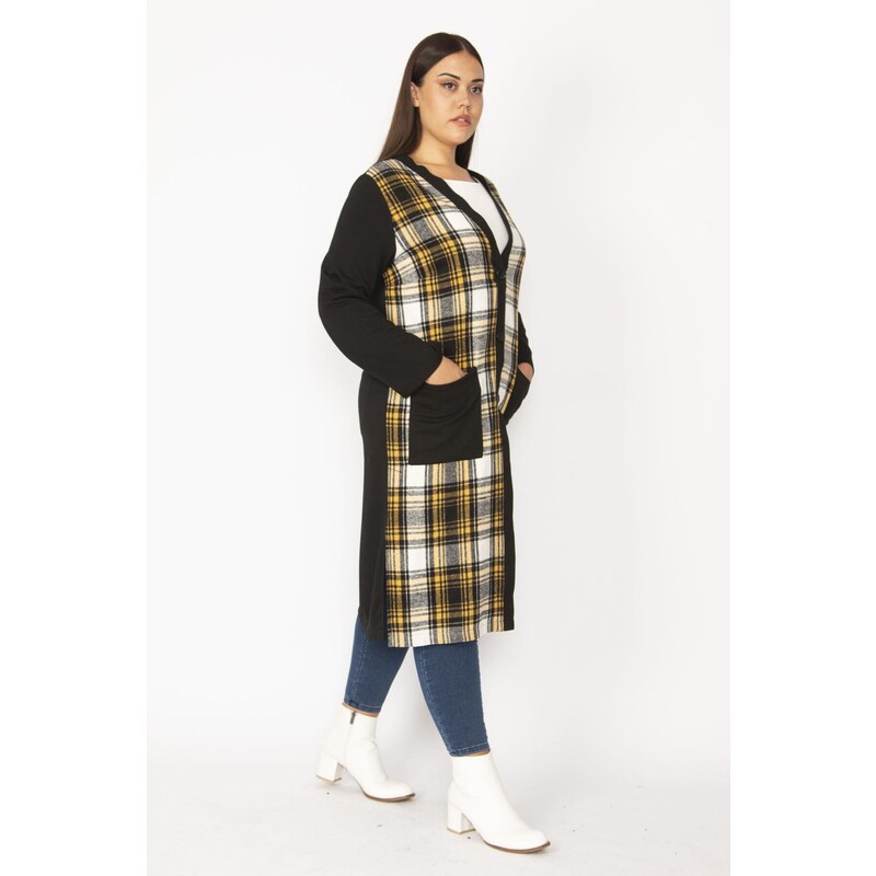 Şans Women's Plus Size Yellow Plaid Patterned Front Button And Pocket Cape