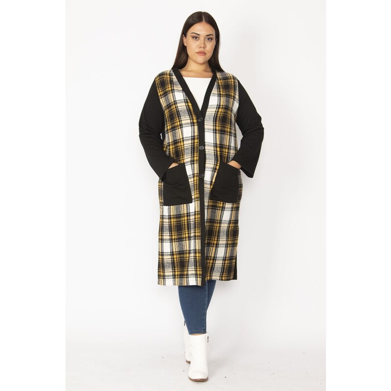 Şans Women's Plus Size Yellow Plaid Patterned Front Button And Pocket Cape