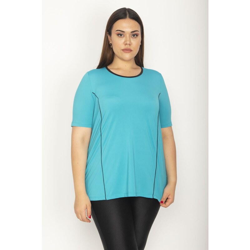 Şans Women's Plus Size Turquoise Piping And Cup Detailed Sports Blouse