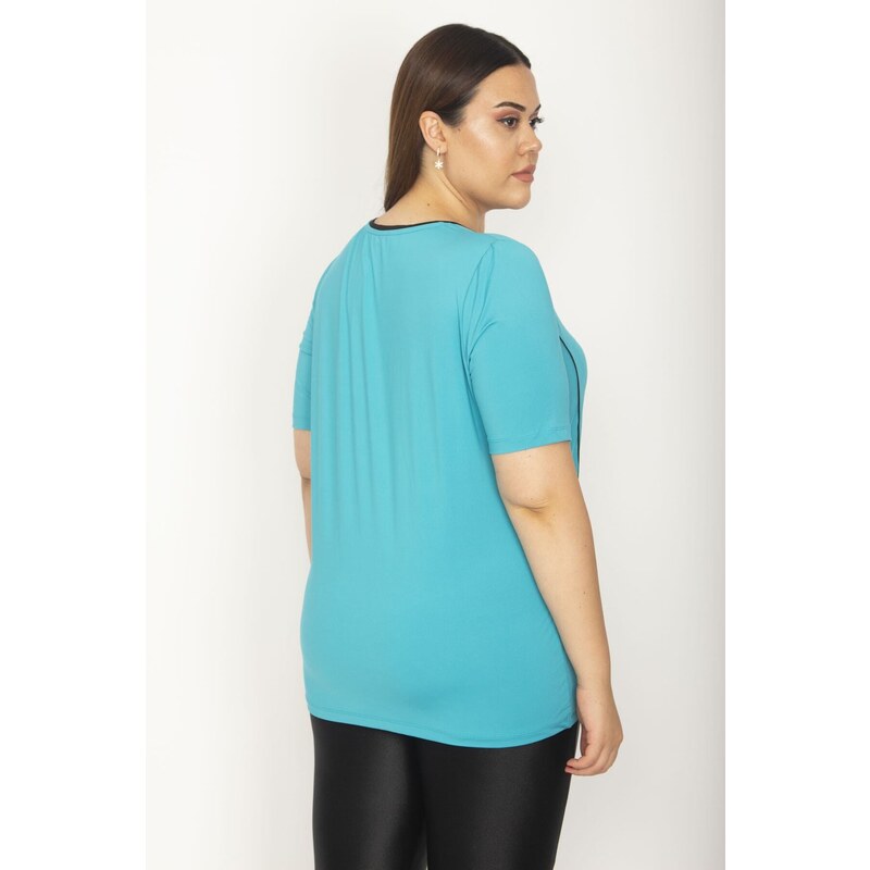 Şans Women's Plus Size Turquoise Piping And Cup Detailed Sports Blouse