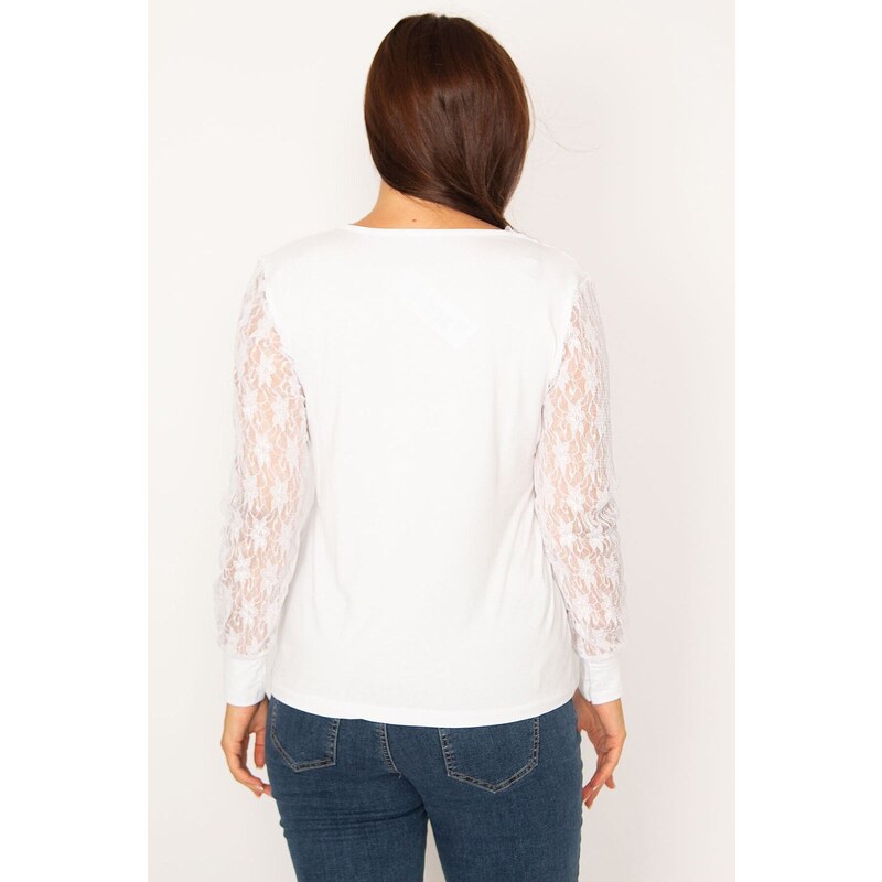Şans Women's Plus Size White V-Neck Blouse with Lace Collar And Sleeves