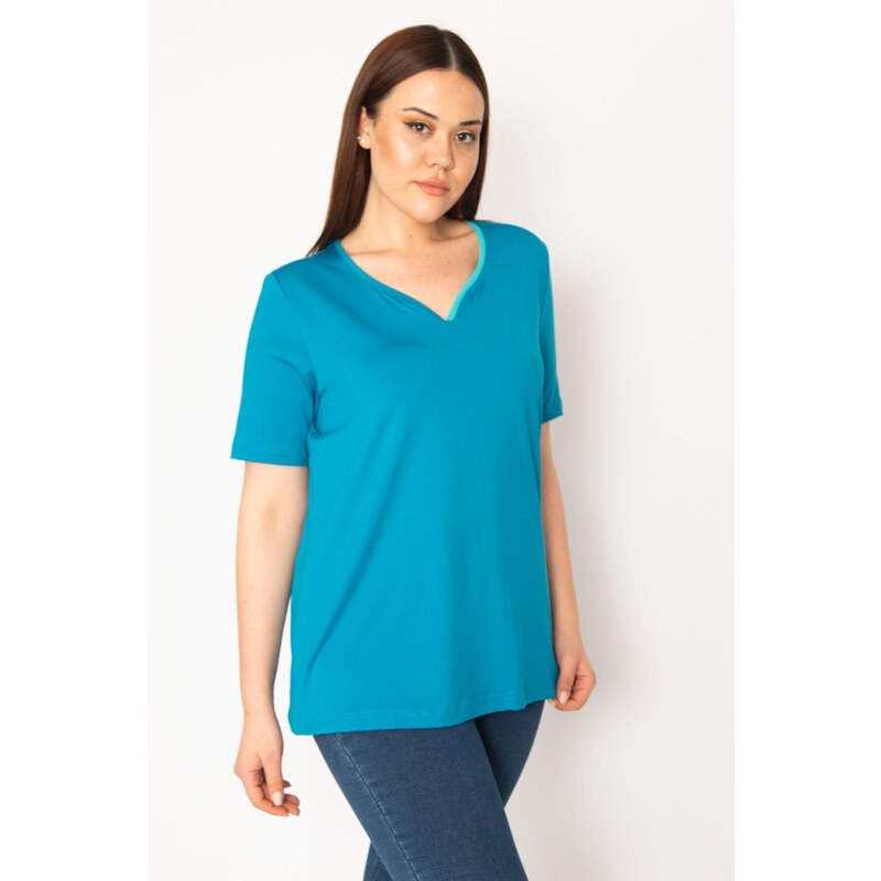 Şans Women's Green Plus Size Single Collar Pleated Sports Blouse