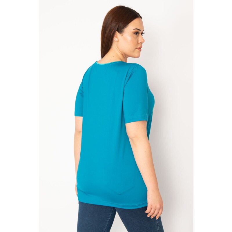 Şans Women's Green Plus Size Single Collar Pleated Sports Blouse