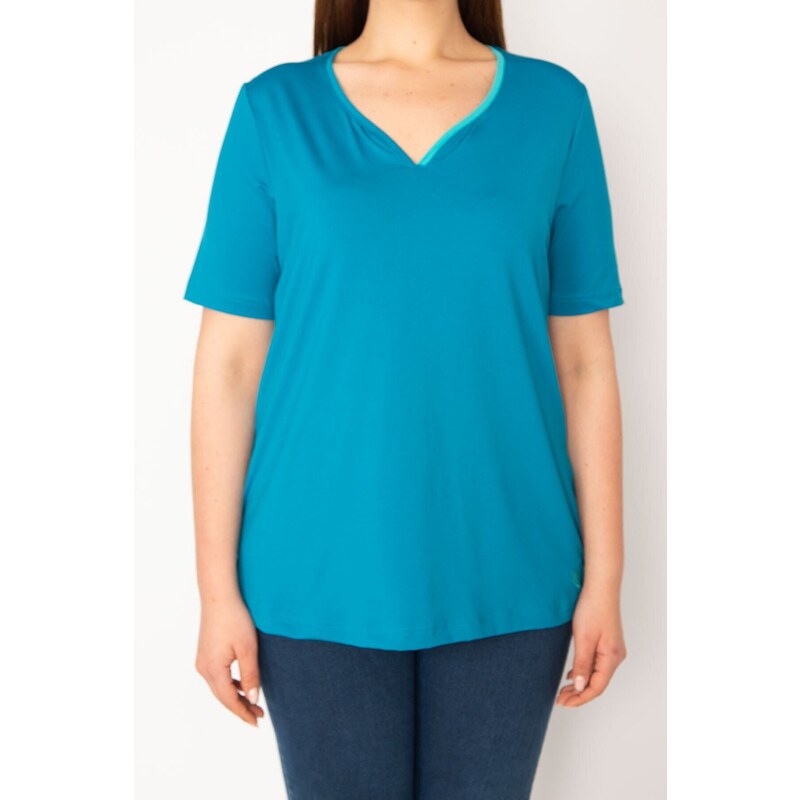 Şans Women's Green Plus Size Single Collar Pleated Sports Blouse