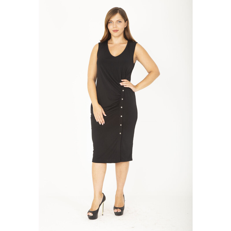 Şans Women's Plus Size Black V-Neck Dress with Small Metal Buttons in the Front