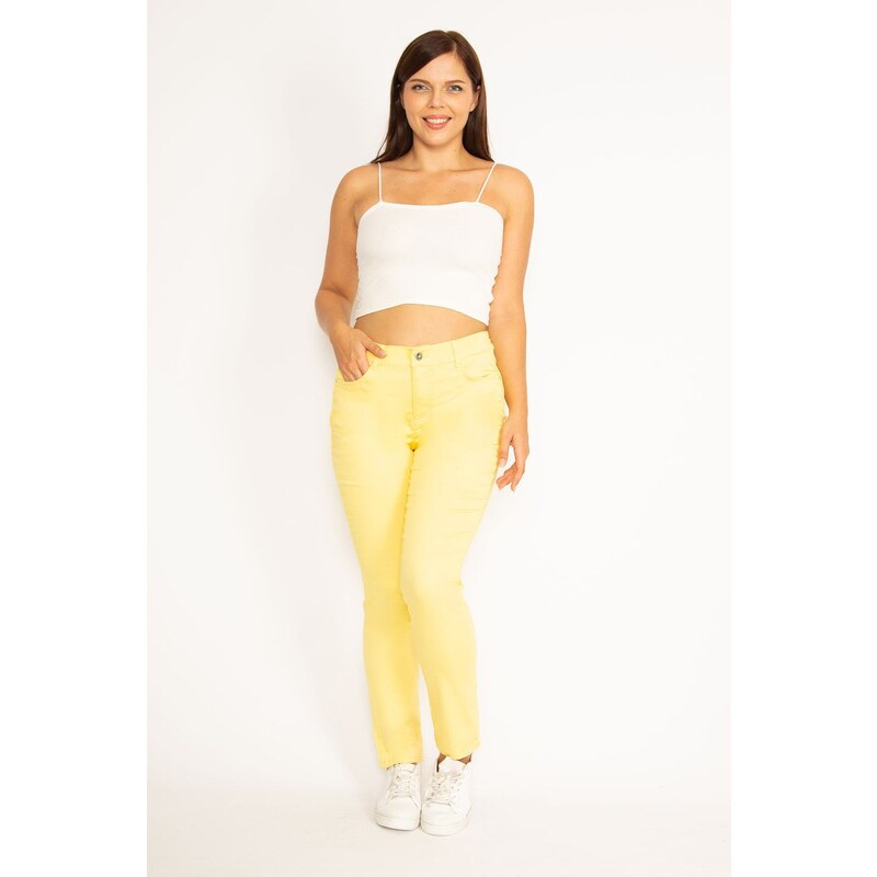 Şans Women's Plus Size Yellow Lycra Gabardine Fabric 5-Pocket Trousers with Elastic Side Belt