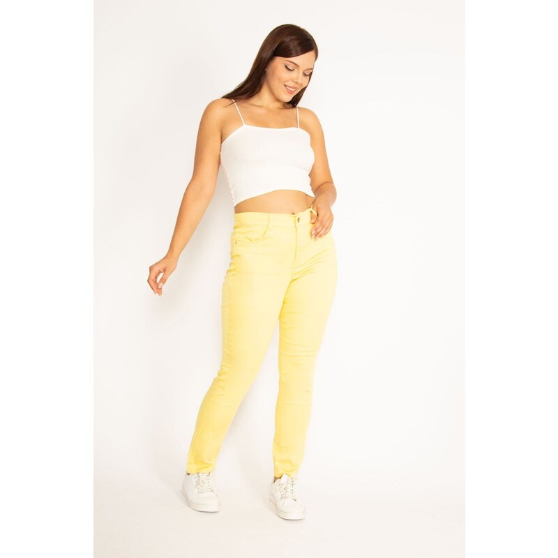 Şans Women's Plus Size Yellow Lycra Gabardine Fabric 5-Pocket Trousers with Elastic Side Belt